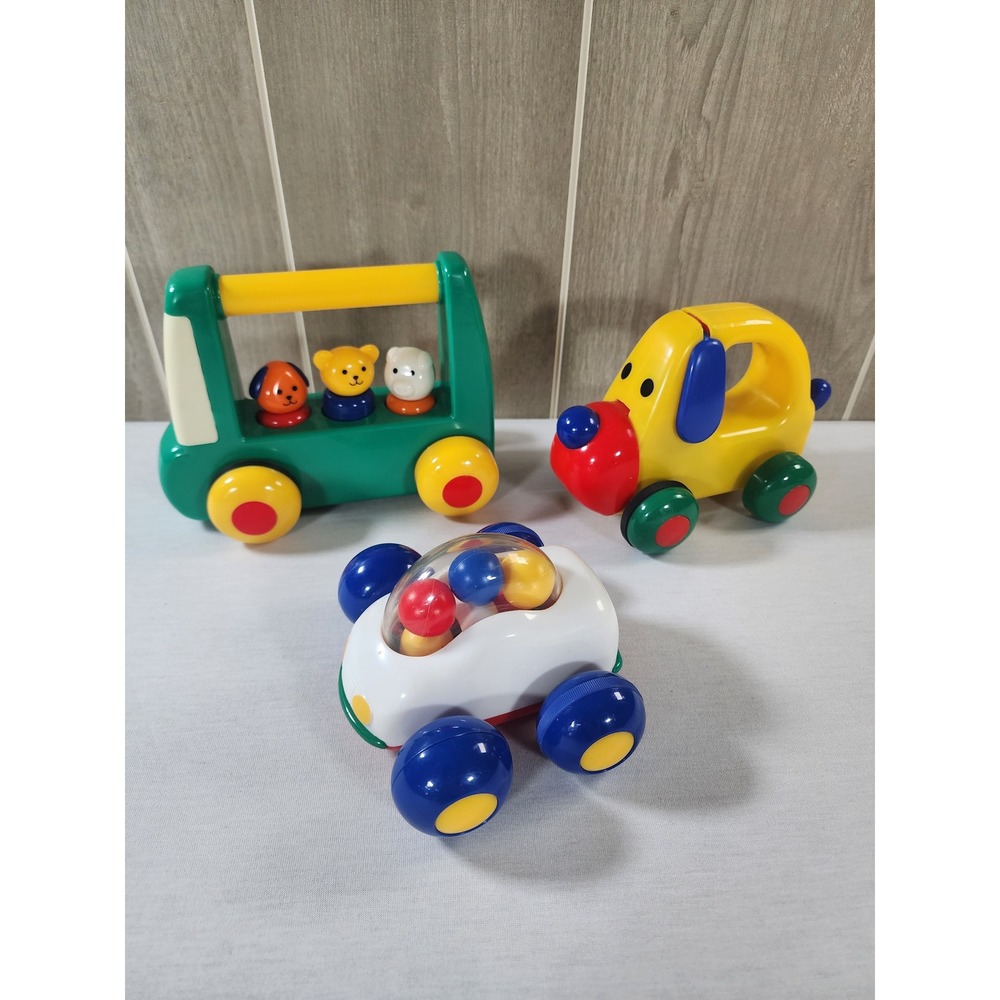 Vintage Rolling toy Lot Dog Car Bus Retro 1980s Plastic Primary Colors